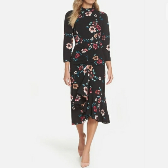 ELIZA J Floral Midi Dress Size 18 Black Pink Modest High Neck Ruffle Cocktail - Picture 1 of 9